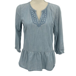 Tommy Hilfiger Blue Ruffles 3/4 Sleeves V-Neck Embroidered Denim Blouse Small